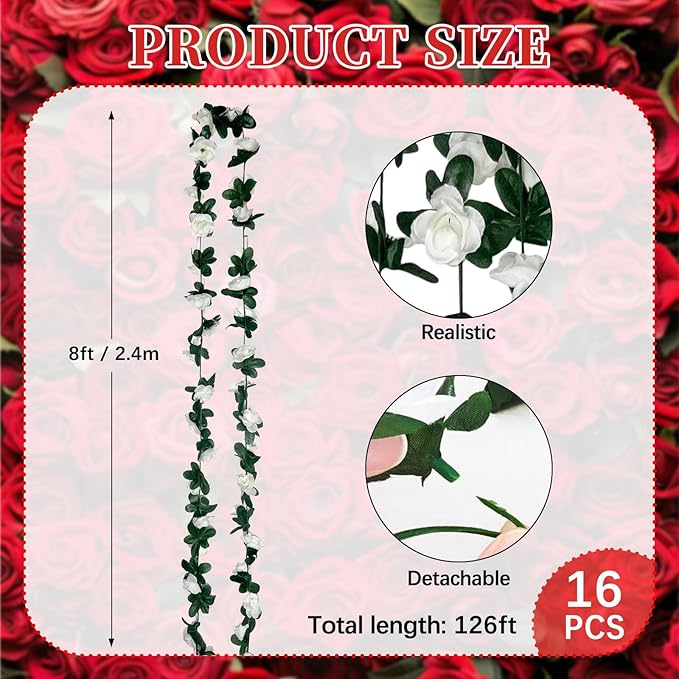 16Pcs 126Ft White Rose Garland, Fake Rose Hanging Flowers, Artificial Flower - Image 2