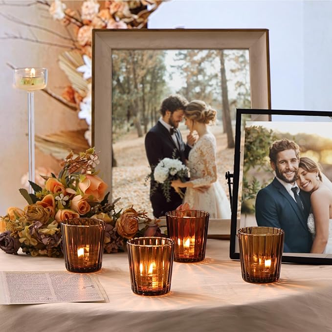 24pcs Vintage Ribbed Amber Votive Candle Holders, Fall Centerpieces - Image 4