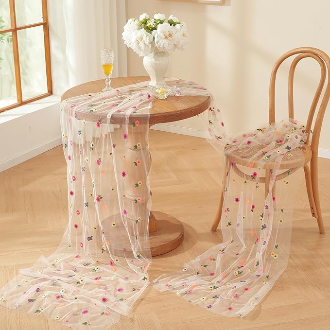 Champagne Embroidery Daisy Fall Table Runner 120Inch 10FT Florals Soft Sheer - Image 2