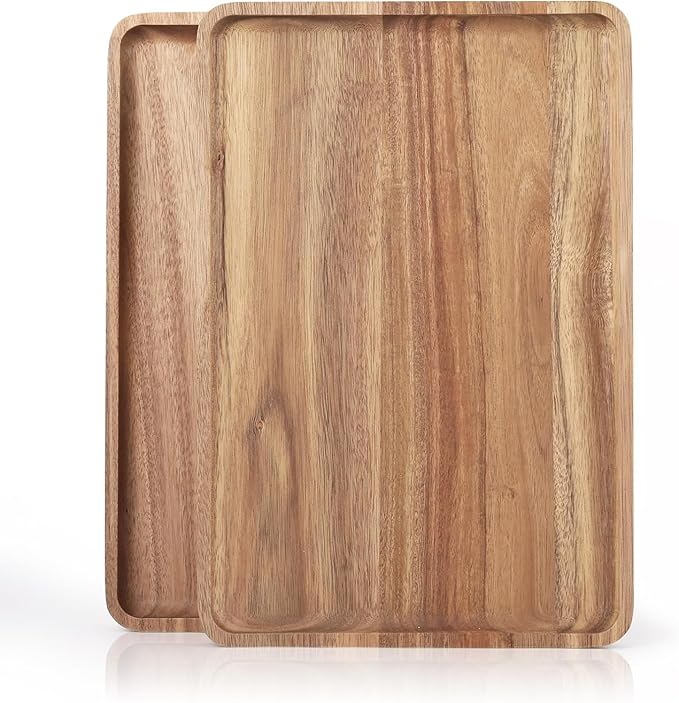 2pcs 15"x10" Large Solid Acacia Wood Serving Trays Rectangular Wooden Serving by focusonwoodandbamboo