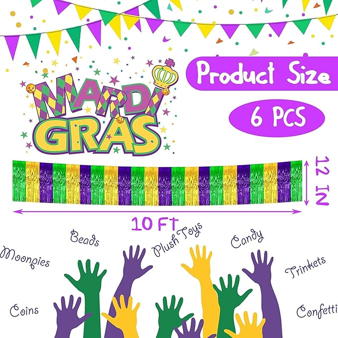 6 Pack 10 Feet Mardi Gras Foil Fringe Garland Metallic Tinsel Streamers Banner - Image 2