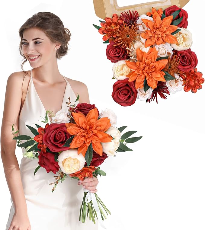 AmyHomie Orange Artificial Flowers Combo Silk Mix Peony Rose Hydrangea Fake - Image 7