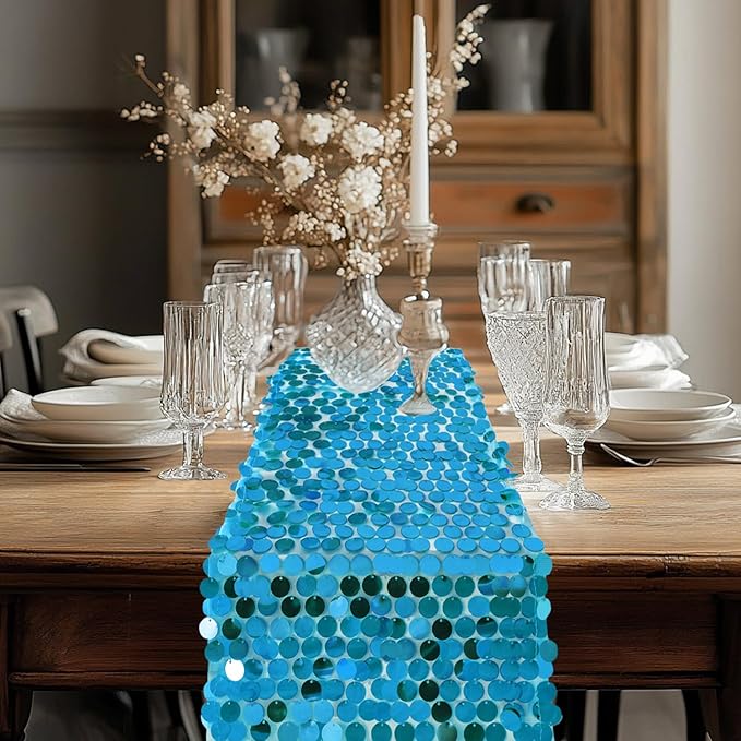 VHH Sequin Table Runner 12 x 108 inches Turquoise Table Runner, Glitter Runner - Image 8