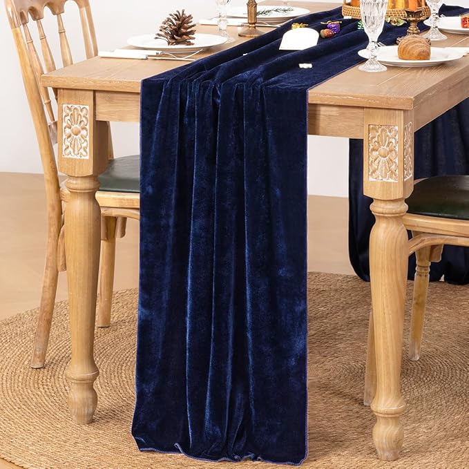 MLMC Navy Blue Velvet Table Runner 10ft Luxury Deep Blue Velvet Fall Table - Image 2