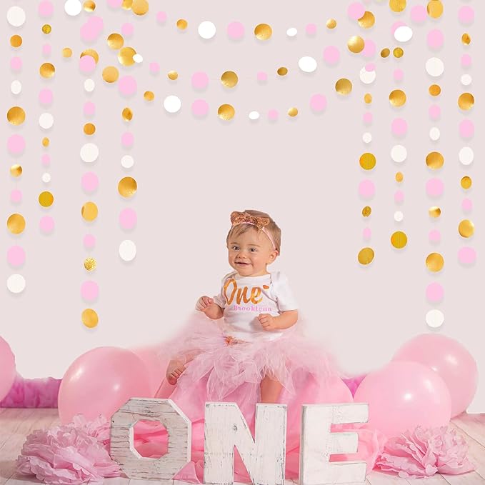 Gold and Pink Party Decorations Circle Dots Garland Metallic Gold Light Pink - Image 6