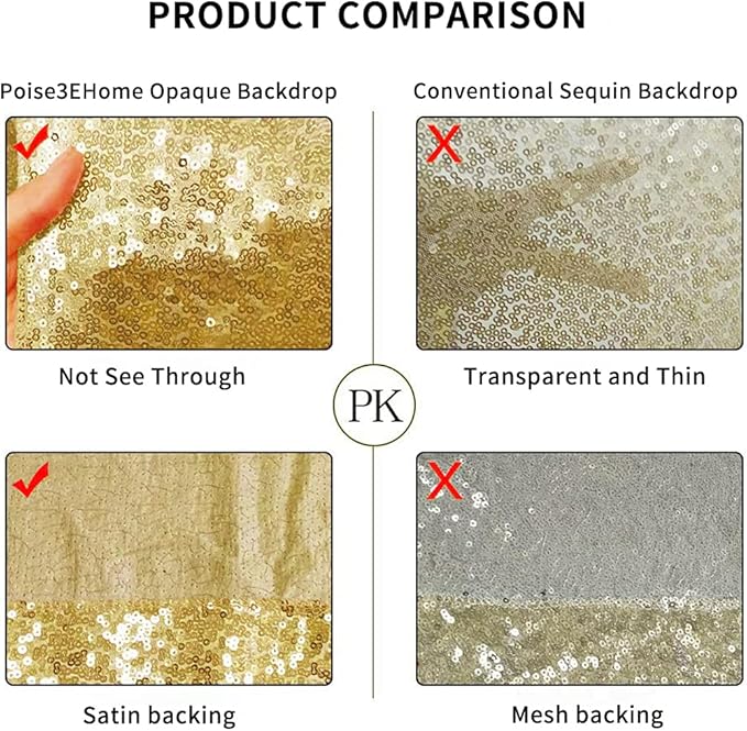 Poise3EHome 8Ft x 8Ft Gold Sequin Backdrop Curtain, Glitter Thick Satin - Image 6