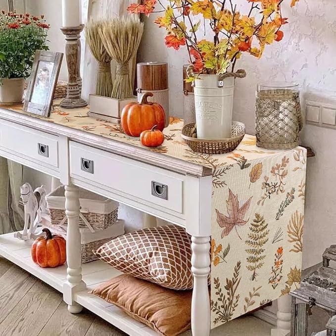 Grey Wildflower Leaves Floral Fall Table Runner, Seasonal Autumn Harvest - Image 5