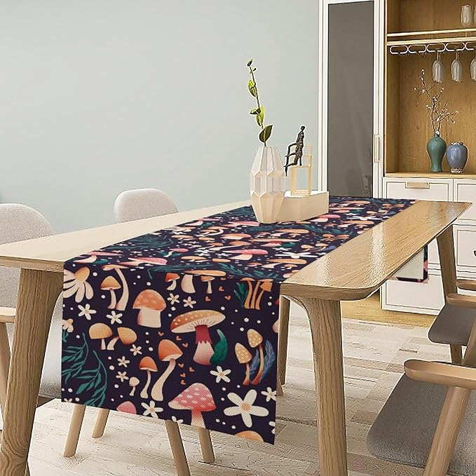 Mushroom Table Runner, Retro Forest Plant Table Cloth Farmhouse Kitchen Dining - Image 2
