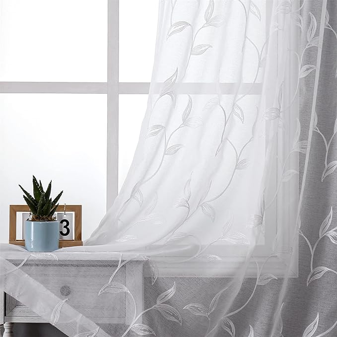 VISIONTEX White Sheer Voile Curtains, Decorative White Embroidery Faux Linen by VISIONTEX