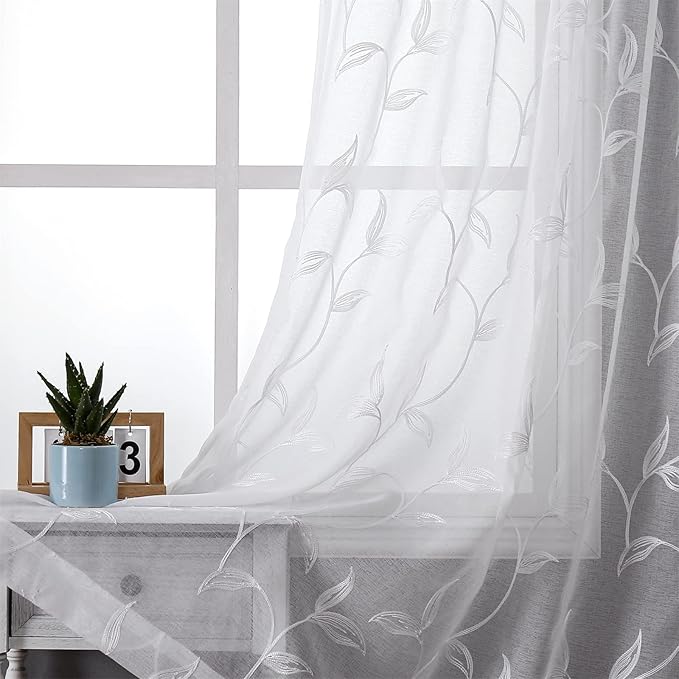 VISIONTEX White Sheer Voile Curtains, Decorative White Embroidery Faux Linen by VISIONTEX