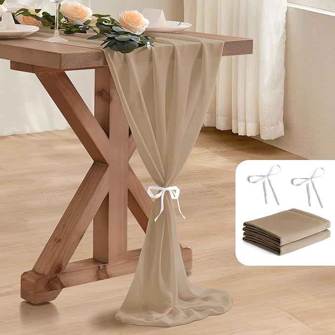 2 Pack 10 Ft Chiffon Table Runner Beige Gauze Long Table Runners 27x120 Inches by BEELIFY