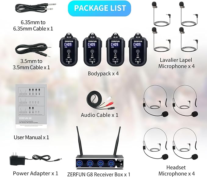 4 Channel Rechargeable Wireless Microphone System, Pro UHF Metal Headset - Image 7