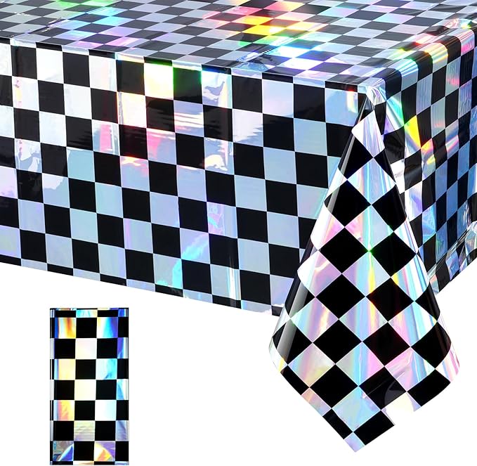 1Pack Black and Iridescent Checkered Plastic Tablecloth, Shiny Disposable Laser by EnjoyYourFunnyParties