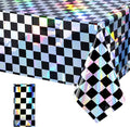 1Pack Black and Iridescent Checkered Plastic Tablecloth, Shiny Disposable Laser by EnjoyYourFunnyParties