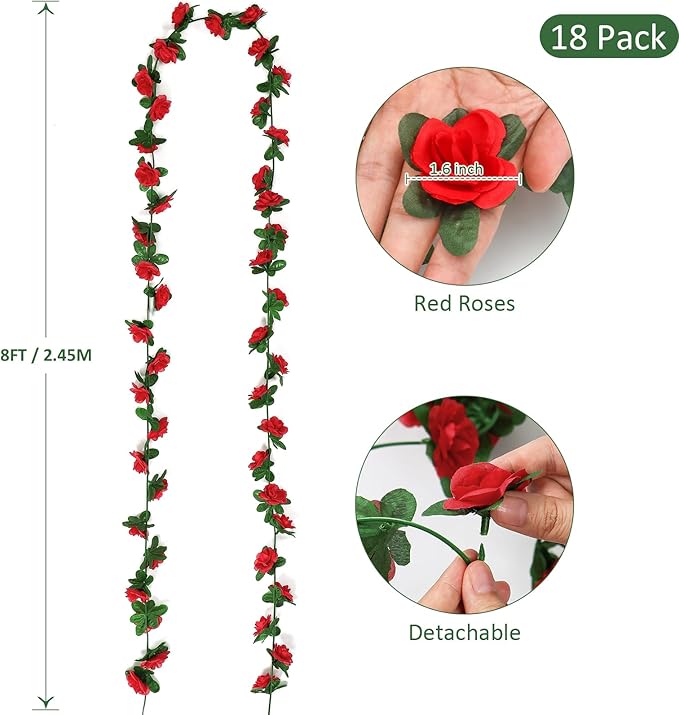 KHOYIME 18 Pack 144 FT Artificial Flower Garland, Fake Red Roses Vines Silk - Image 3