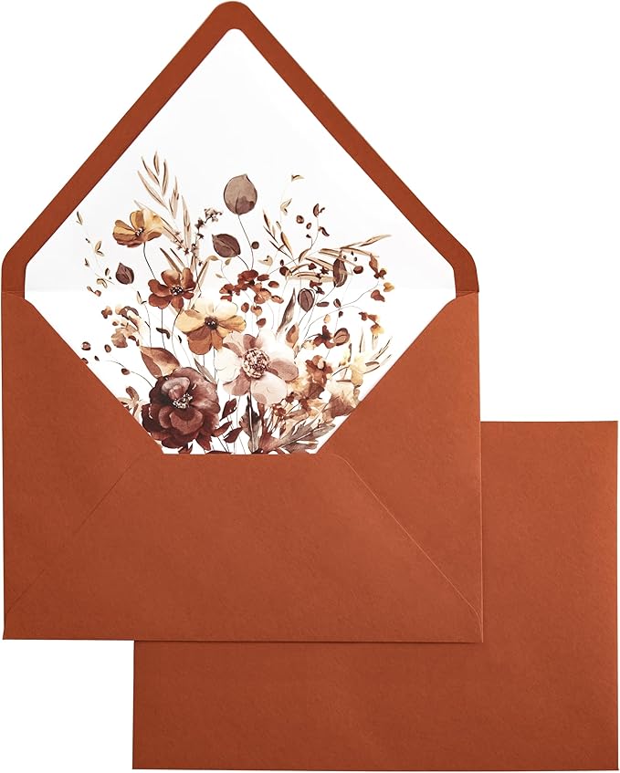 PONATIA 50PCS A7 Euro Flap Envelopes, 5.25 x 7.25'' Burnt Orange Flowers Liner by ponatia
