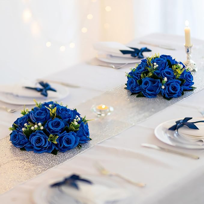 BLOSMON Royal Blue Artificial Flowers: 6 Pcs Fake Roses Flower Ball Centerpieces - Image 2