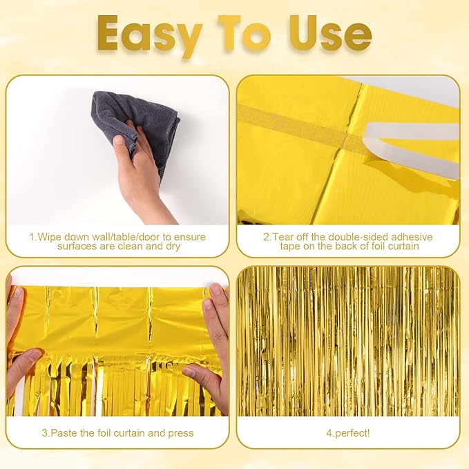 4 Pack Gold Foil Fringe Backdrop Curtains, Tinsel Streamers Birthday Party - Image 4