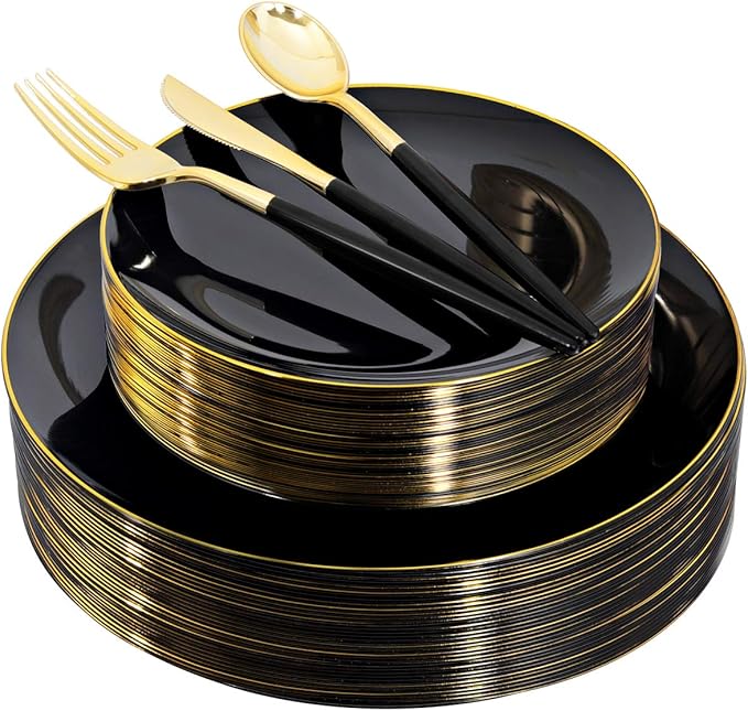 150pcs Black Plastic Plates, Premiun Taleware, Anniversary by supernal