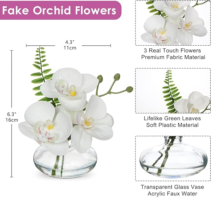 White Orchids Artificial Flowers Faux Orchids Arrangement in Clear Glass Vases - Image 3