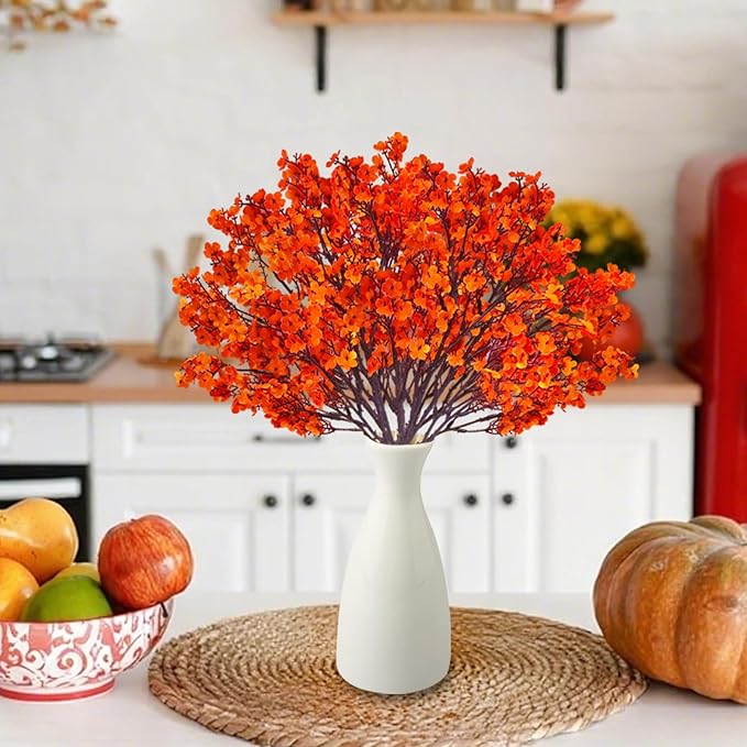 12PCS Fake Fall Flowers Orange Baby Breath Artificial Flowers Real Touch Silk - Image 5