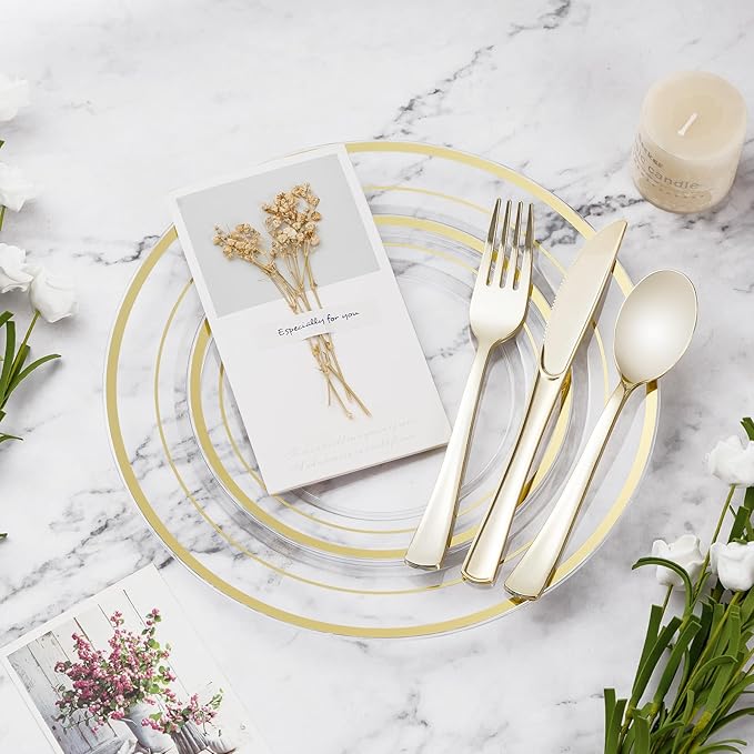 300PCS Clear Gold Plastic Plate Set, Disposable Dinnerware Set - Image 5