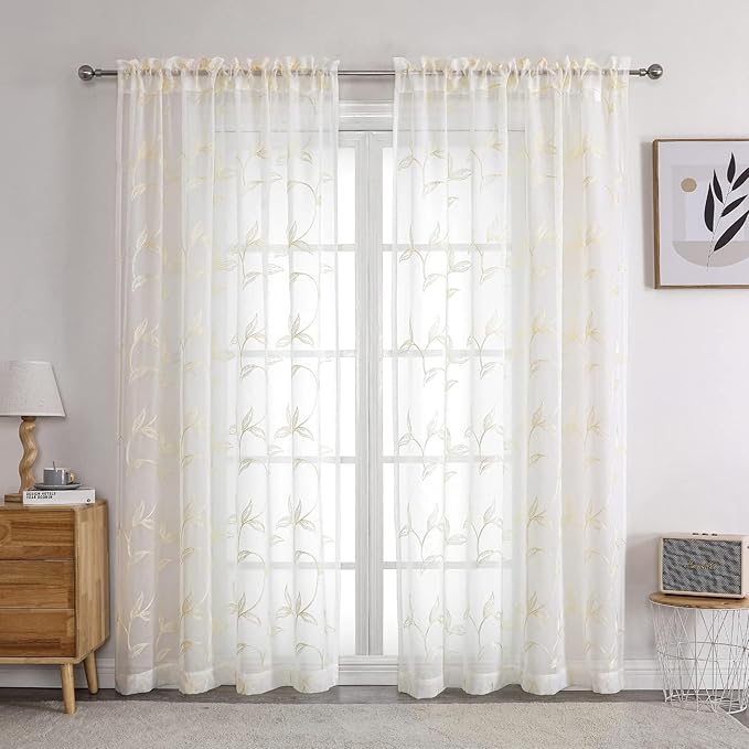 VISIONTEX Sheer Curtains 120 inch Length 2 Panels Set, Rod Pocket Embroidered - Image 2