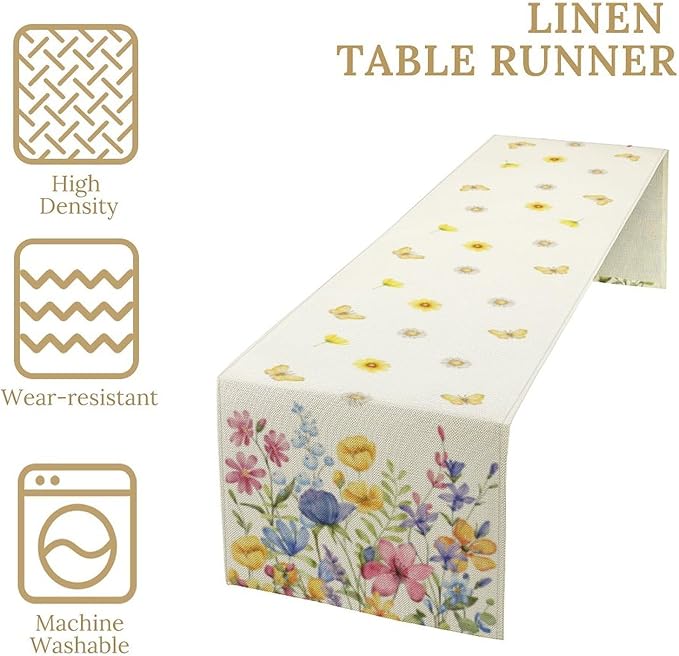 Flower Table Runner, Colorful Watercolor Pink Flower Plants Nature Butterfly - Image 4
