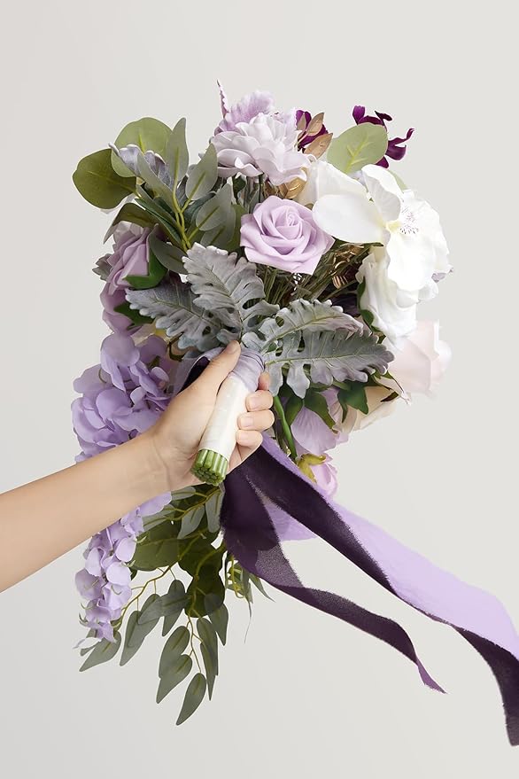 Ling's Moment Purple Bridal Bouquet Cascading, Lilac Wedding Bouquets - Image 2