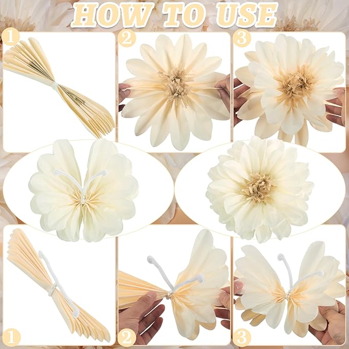 12PCS White Daisy Tissue Paper Pom Poms, Butterfly Birthday Decorations - Image 3