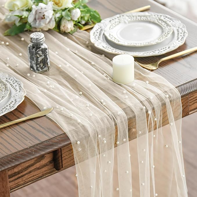 Artoid Mode Pearl Beige Gauze Table Runner 120 Inch 10FT, Seasonal Sheer Dining by ArtoidMode