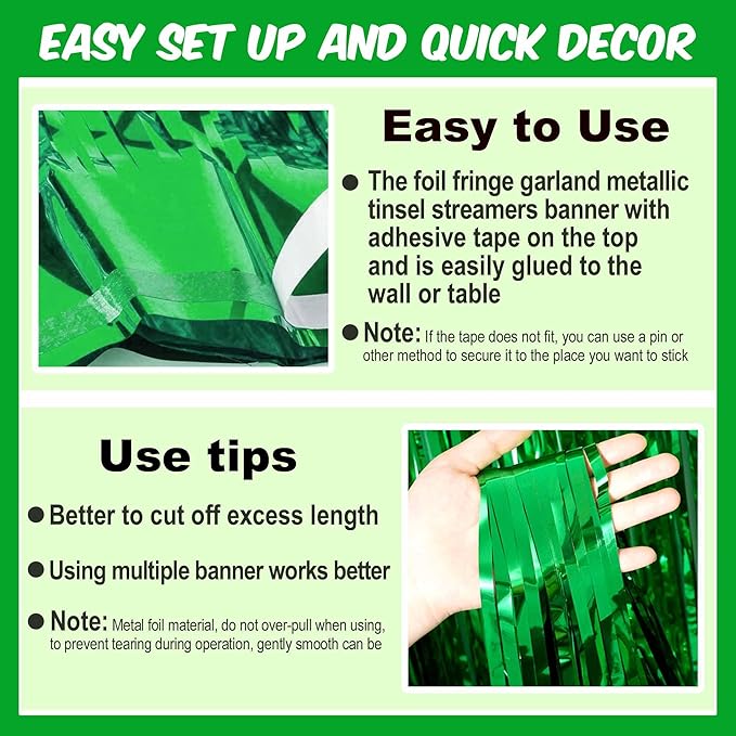 6 Pack 10 Ft Green Foil Fringe Garland Metallic Streamers Tinsel Banner Wall - Image 3