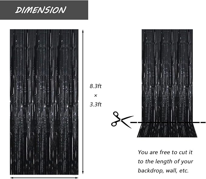 Black Foil Fringe Curtain 3.3×8.3FT 6 Packs, Metallic Tinsel Curtains Party - Image 2