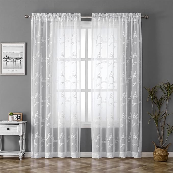 VISIONTEX White Sheer Voile Curtains, Decorative White Embroidery Faux Linen - Image 2