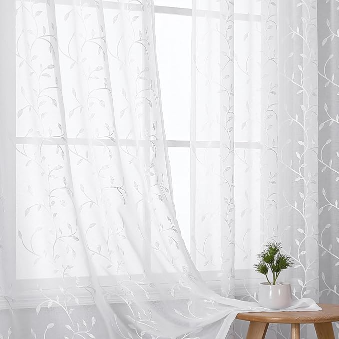 VISIONTEX White Sheer Voile Curtains, Decorative Beige Leaves Embroidery Faux by VISIONTEX