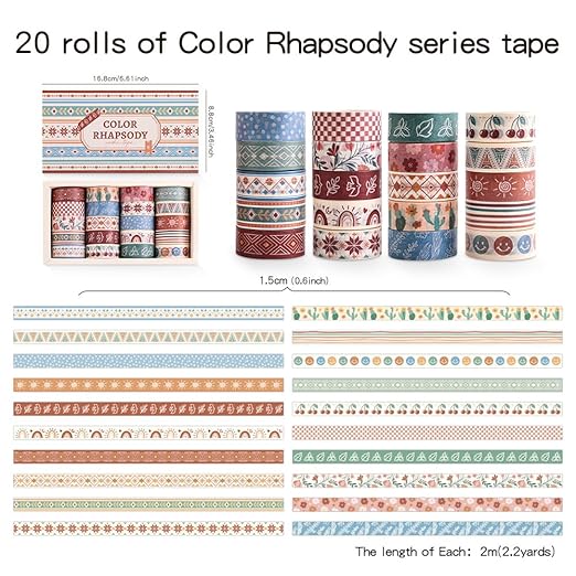 20 Rolls Bohemia Theme Washi Tape Set, Writable Decorative Tapes - Image 2