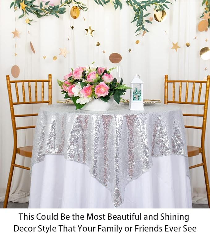 ShinyBeauty Sequin Tablecloth-Silver Sequin Table Overlay and Sequin - Image 4