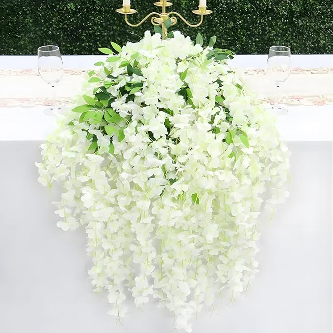 5 Pack Green White Wisteria Hanging Flowers, 3.44 Ft Fake Hanging Flowers - Image 6