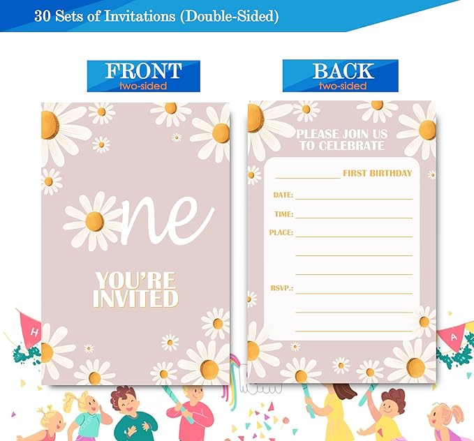 Daisy 1st Birthday Invitations for Girls, Daisy One Birthday Party Invitaions - Image 6