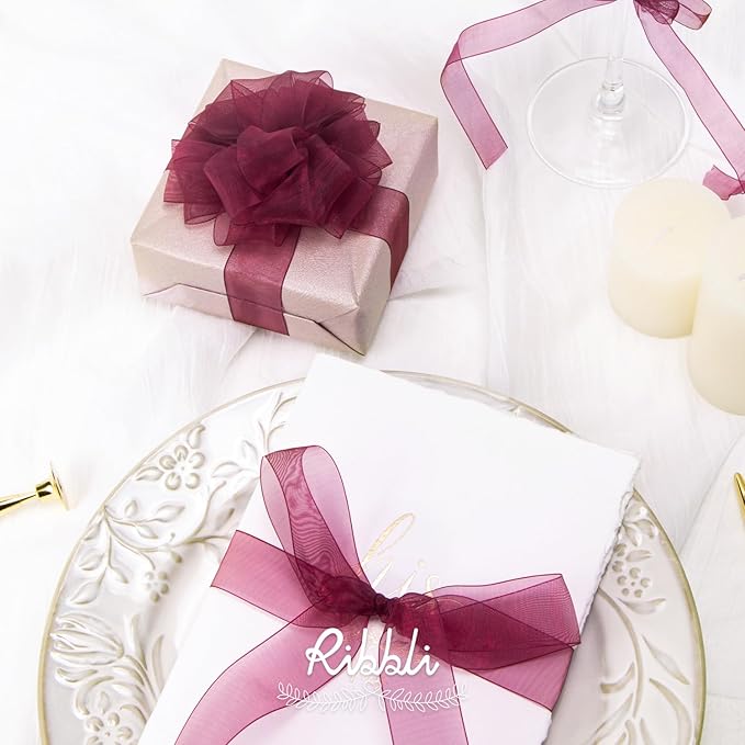 Ribbli Wine Red Organza Ribbon, 1/2 Inches x Continuous 50 Yard, Wine Sheer - Image 4