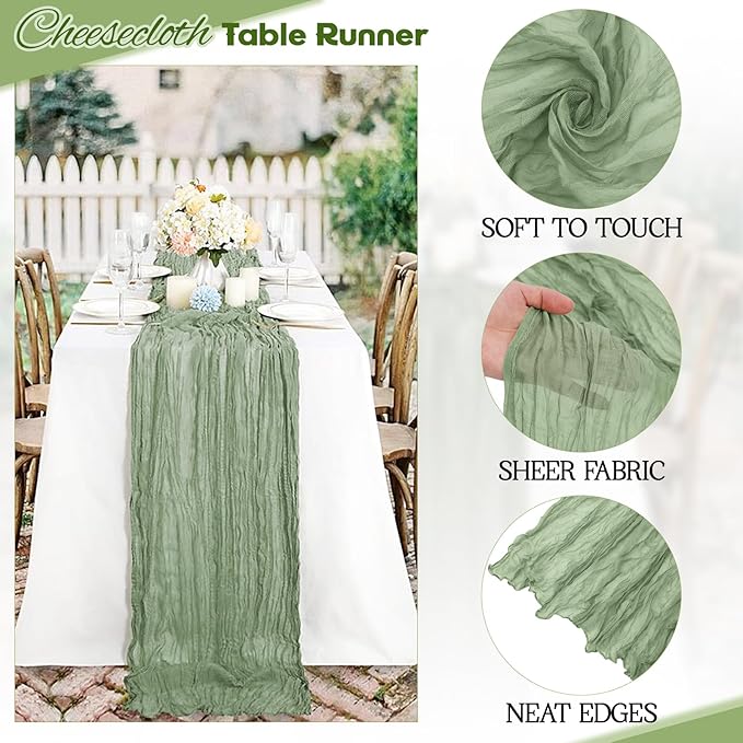 Aktor 12 Pack Sage Green Table Runner Boho Cheesecloth Table Runner Semi Sheer - Image 3