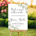 Pick a Seat Either Side Wedding Yard Sign – Custom Floral White Green Ceremony by VIRAGIL
