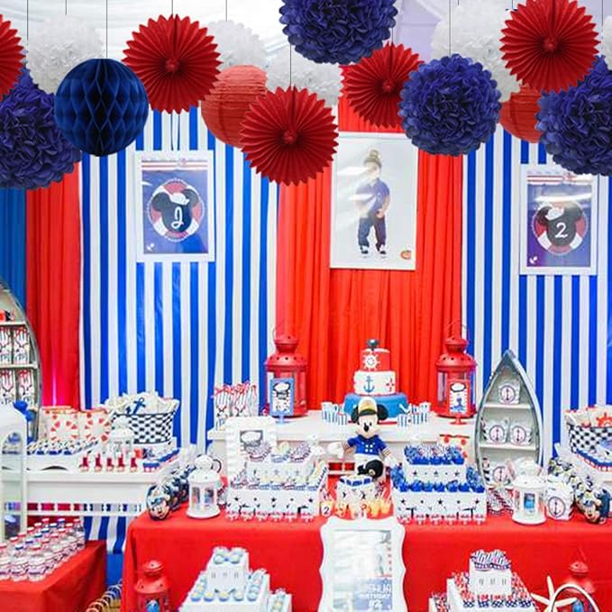 Navy Blue Red White Party Decorations 16pcs Paper Pom Poms Honeycomb Balls - Image 4