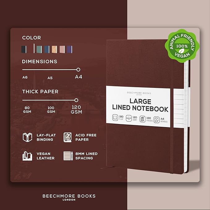 BEECHMORE BOOKS Lined Journal Notebook, 8.5 x 11.5 inch, A4 160 Lined Pages - Image 2