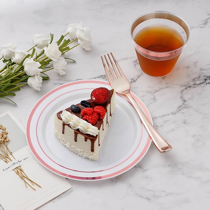 BESTVIP 300PCS Plastic Dinnerware Set, Rose Gold Disposable Plates - Image 3
