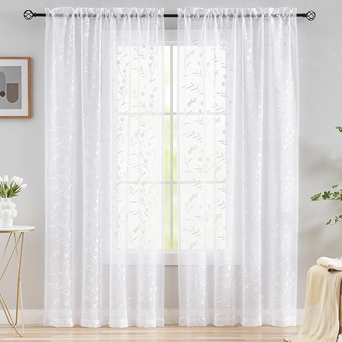 White Sheer Curtains Embroidery 72 Inch Length Rod Pocket Voile Drapes by MYSTIC-HOME