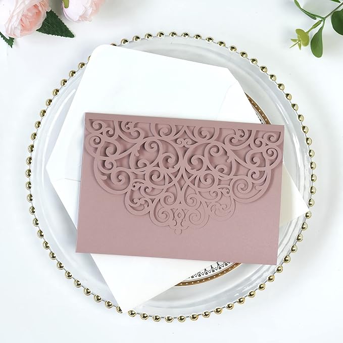 PONATIA 5.12 x 7.2 Dusty Rose Laser Cut Wedding Invitations, 5x7 Trifold Laser - Image 4