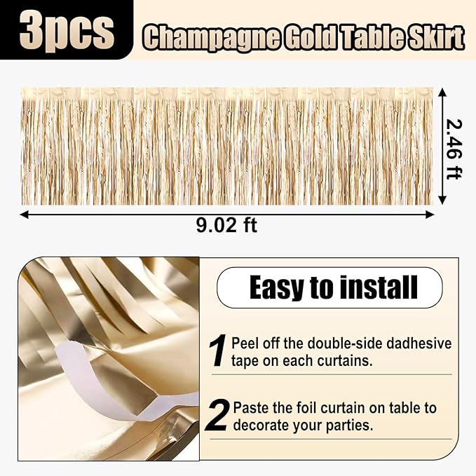 3 Pack 29x108 Inch Champagne Gold Foil Fringe Table Skirts Metallic Banner - Image 2