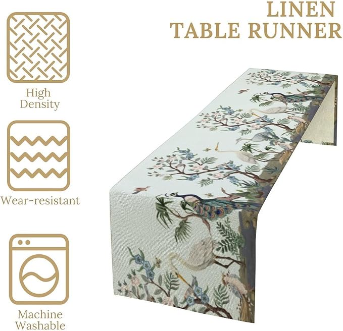 Peacock Table Runner, Retro Chinese Peonies Flowers Peacock Table Runner - Image 4