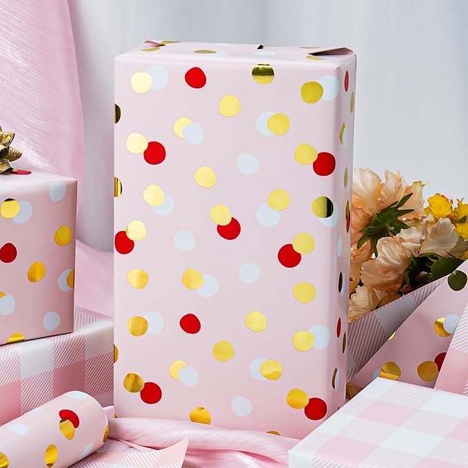 Burymento Red Gold Dots Wrapping Paper, Reversible Pink Lattice Design Gift Wrap - Image 2